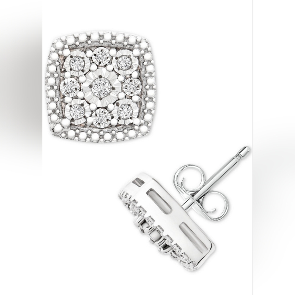 Diamond Cushion Cluster Stud Earrings 1/10 ct Sterling Silver